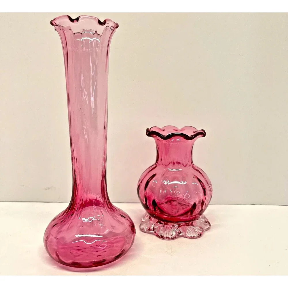 Vintage Cranberry Art Glass Vase Pair – Ruffled Rim Bud Vases, Hand Blown Pink